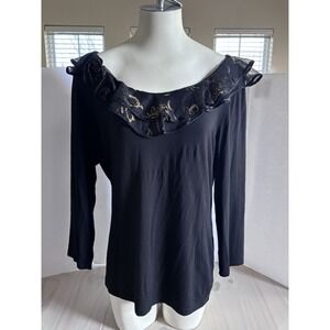 Lauren Ralph Lauren Blouse Womens XL Black Gold Ruffle Collar Rosette 3/4 Sleeve